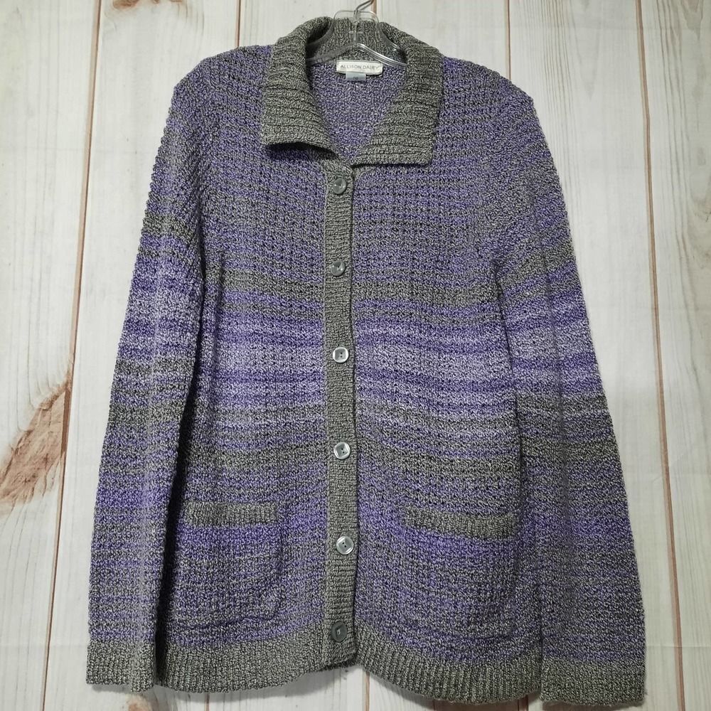 Allison Daley Purple Grey‎ Striped Knit Button Front Cardigan Sweater Large